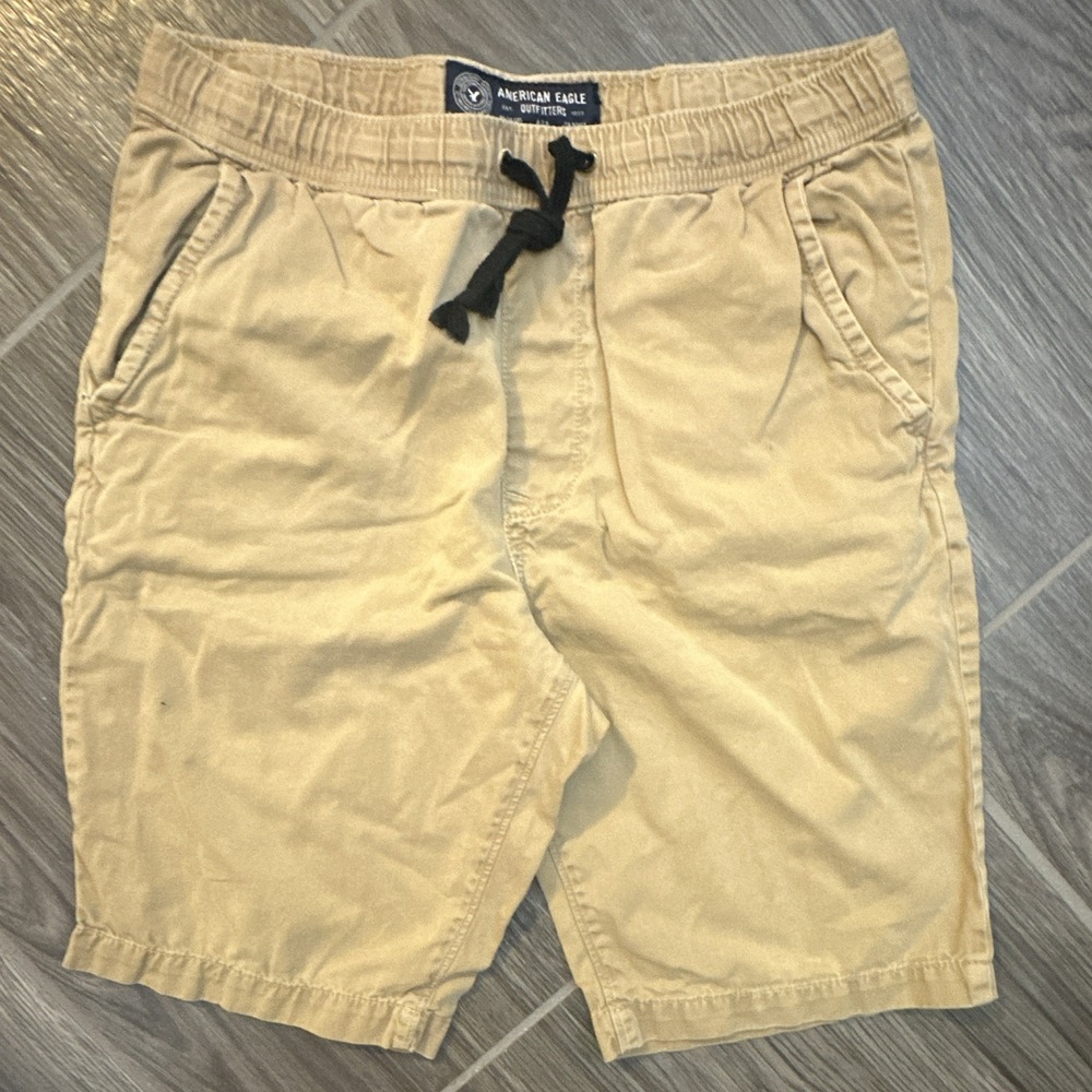 American Eagle Outfitters Men's Beige Cotton Chino Shorts Flat Front Drawstring